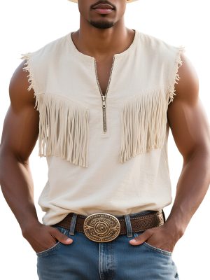 Vintage Western-Style Half-Zip Tassel Tank Top – Fast 24-Hour Shipping