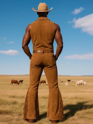 Men's Vintage Western Suede Jumpsuit with Embroidered Detail – Retro Cowboy One-Piece Outfit