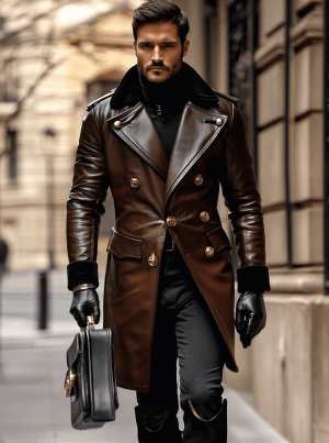 Vintage Leather Double-Breasted Overcoat for Men – Business Style, 24-Hour Shipping