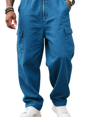 Men's Blue Cotton Short-Sleeve Jumpsuit with Multi-Pockets & Zipper – Fast 24-Hour Shipping