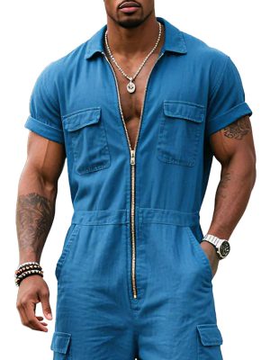 Men's Blue Cotton Short-Sleeve Jumpsuit with Multi-Pockets & Zipper – Fast 24-Hour Shipping
