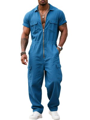 Men's Blue Cotton Short-Sleeve Jumpsuit with Multi-Pockets & Zipper – Fast 24-Hour Shipping