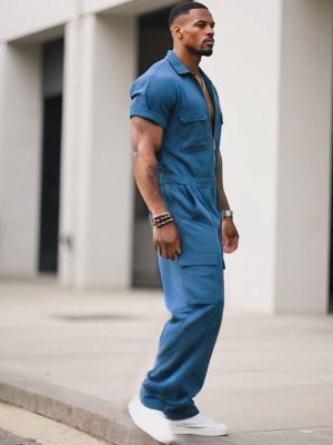 Men's Blue Cotton Short-Sleeve Jumpsuit with Multi-Pockets & Zipper – Fast 24-Hour Shipping