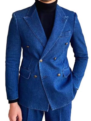 Men's Double-Breasted Denim Blazer with 3 Pockets & Notched Lapel – Fast 24-Hour Shipping