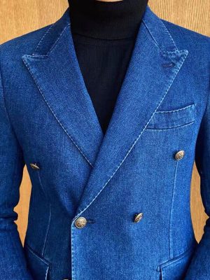 Men's Double-Breasted Denim Blazer with 3 Pockets & Notched Lapel – Fast 24-Hour Shipping