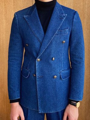 Men's Double-Breasted Denim Blazer with 3 Pockets & Notched Lapel – Fast 24-Hour Shipping