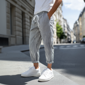 Men's Casual Tapered Pants with Elastic Waist - Cotton Blend Striped Slim-Fit Pants, Fast 24-Hour Shipping