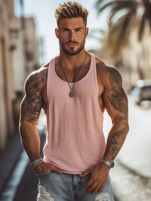 Men's Pink Cotton Sleeveless Tank Top for Casual Summer Wear