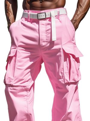Men's Pink Casual Pants with Multiple Pockets – Fast 24-Hour Shipping