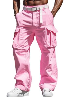 Men's Pink Casual Pants with Multiple Pockets – Fast 24-Hour Shipping