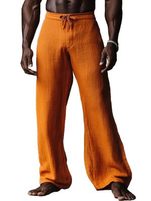 Men's Orange Cotton-Linen Wide Leg Pants - Fast 24-Hour Shipping