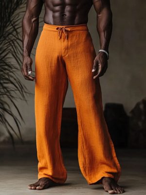 Men's Orange Cotton-Linen Wide Leg Pants - Fast 24-Hour Shipping
