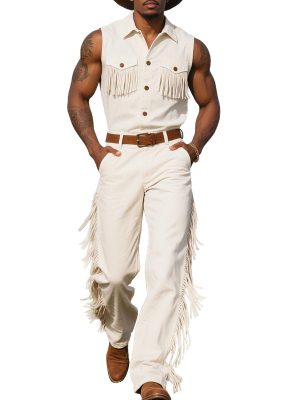 Men's Western Sleeveless Jumpsuit with Fringe Detail – Fast 24-Hour Shipping