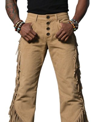 Men's Western Cotton Pants with Fringe Detail – Casual Cowboy Style Trousers