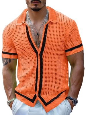 Men's Orange Black Mesh Knit Short Sleeve Shirt – Fast 24-Hour Shipping
