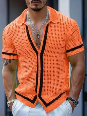 Men's Orange Black Mesh Knit Short Sleeve Shirt – Fast 24-Hour Shipping