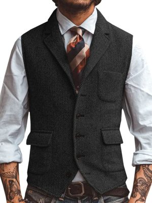 Men's Herringbone Casual Vest with 3 Front Pockets – Stylish Slim-Fit Waistcoat for Smart-Casual Outfits