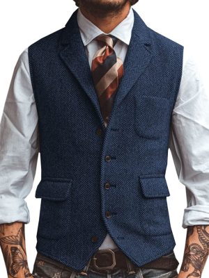 Men's Herringbone Casual Vest with 3 Front Pockets – Stylish Slim-Fit Waistcoat for Smart-Casual Outfits