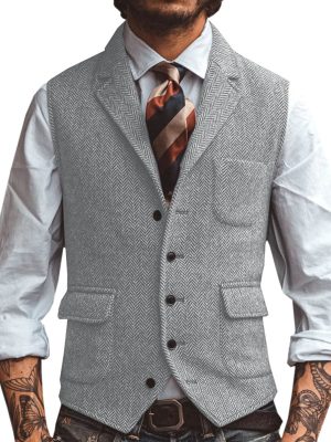 Men's Herringbone Casual Vest with 3 Front Pockets – Stylish Slim-Fit Waistcoat for Smart-Casual Outfits