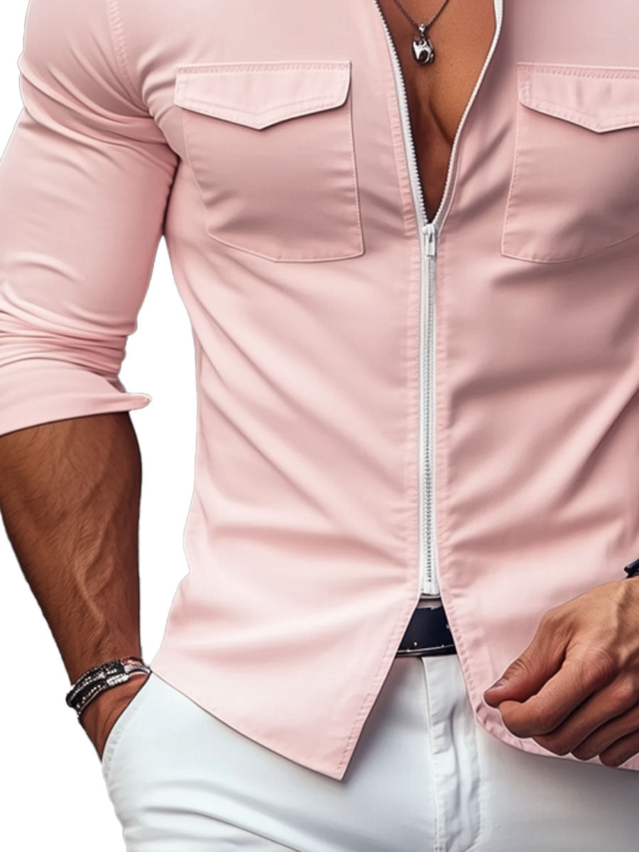 Men's Long Sleeve Zip-Up Shirt with Double Pockets – Fast 24-Hour Shipping