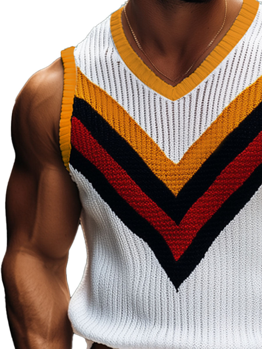 Men's Colorful Contrast V-Neck Knit Tank Top – Fast 24-Hour Shipping