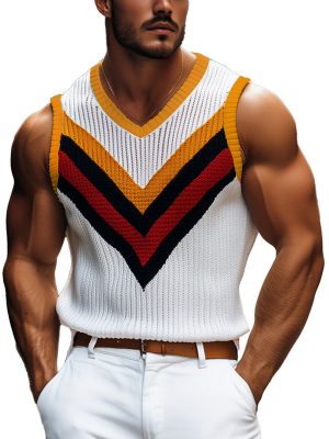 Men's Colorful Contrast V-Neck Knit Tank Top – Fast 24-Hour Shipping