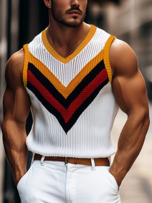 Men's Colorful Contrast V-Neck Knit Tank Top – Fast 24-Hour Shipping