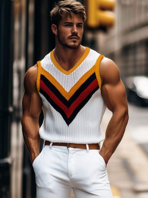 Men's Colorful Contrast V-Neck Knit Tank Top – Fast 24-Hour Shipping