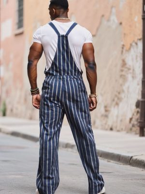 Men's Cotton Contrast Striped Loose Overalls – Fast 24-Hour Shipping