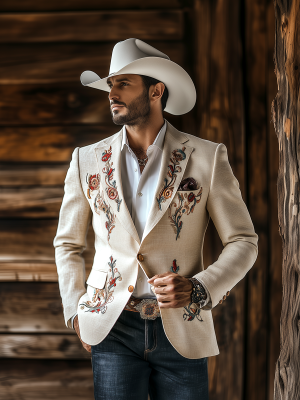 Vintage Western Embroidered Blazer – Cotton & Linen Blend – Fast 24-Hour Shipping