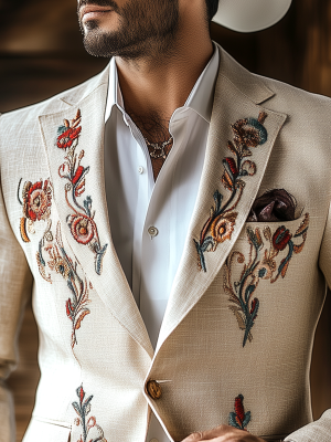 Vintage Western Embroidered Blazer – Cotton & Linen Blend – Fast 24-Hour Shipping