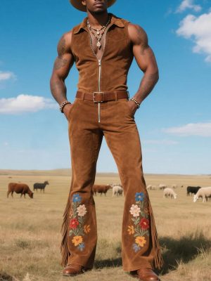 Men's Vintage Western Suede Jumpsuit with Embroidered Detail – Retro Cowboy One-Piece Outfit