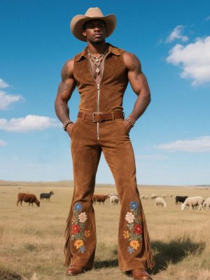 Men's Vintage Western Suede Jumpsuit with Embroidered Detail – Retro Cowboy One-Piece Outfit