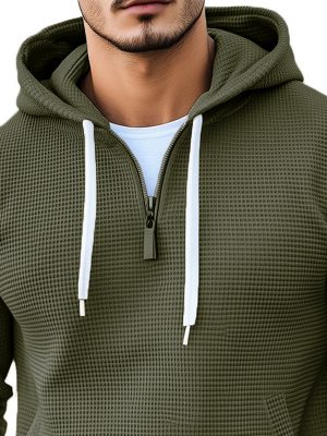 Men's Casual Contrast Color Waffle-Knit Hoodie – Soft Textured Pullover Sweatshirt