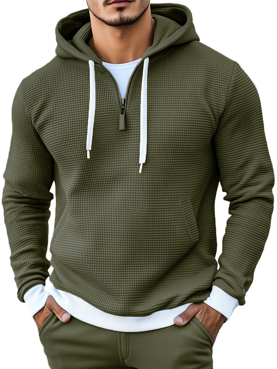 Men's Casual Contrast Color Waffle-Knit Hoodie – Soft Textured Pullover Sweatshirt