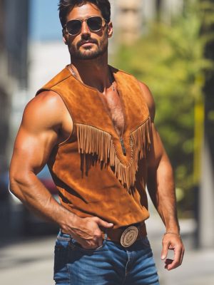 Men's Vintage Western Suede Tank Top with Fringe Detail – Zip-Up Crew Neck, Fast 24-Hour Shipping