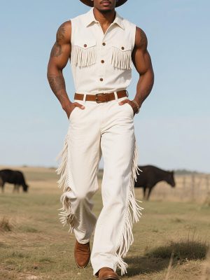 Men's Western Sleeveless Jumpsuit with Fringe Detail – Fast 24-Hour Shipping