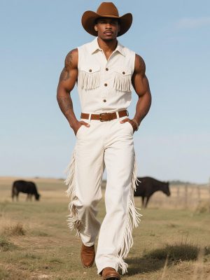 Men's Western Sleeveless Jumpsuit with Fringe Detail – Fast 24-Hour Shipping