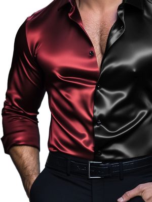 Men's Two-Tone Satin Dress Shirt with Long Sleeves – Formal & Casual Stylish Button-Down