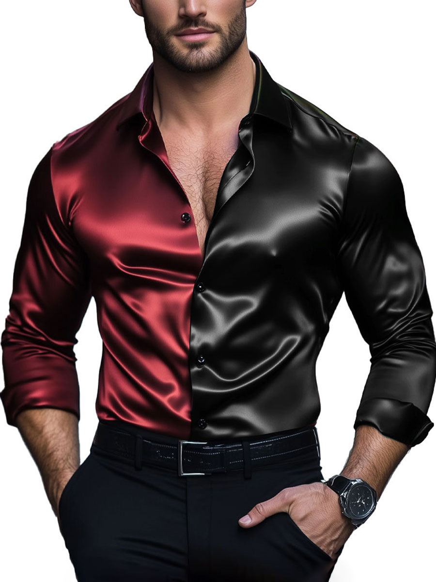 Men's Two-Tone Satin Dress Shirt with Long Sleeves – Formal & Casual Stylish Button-Down