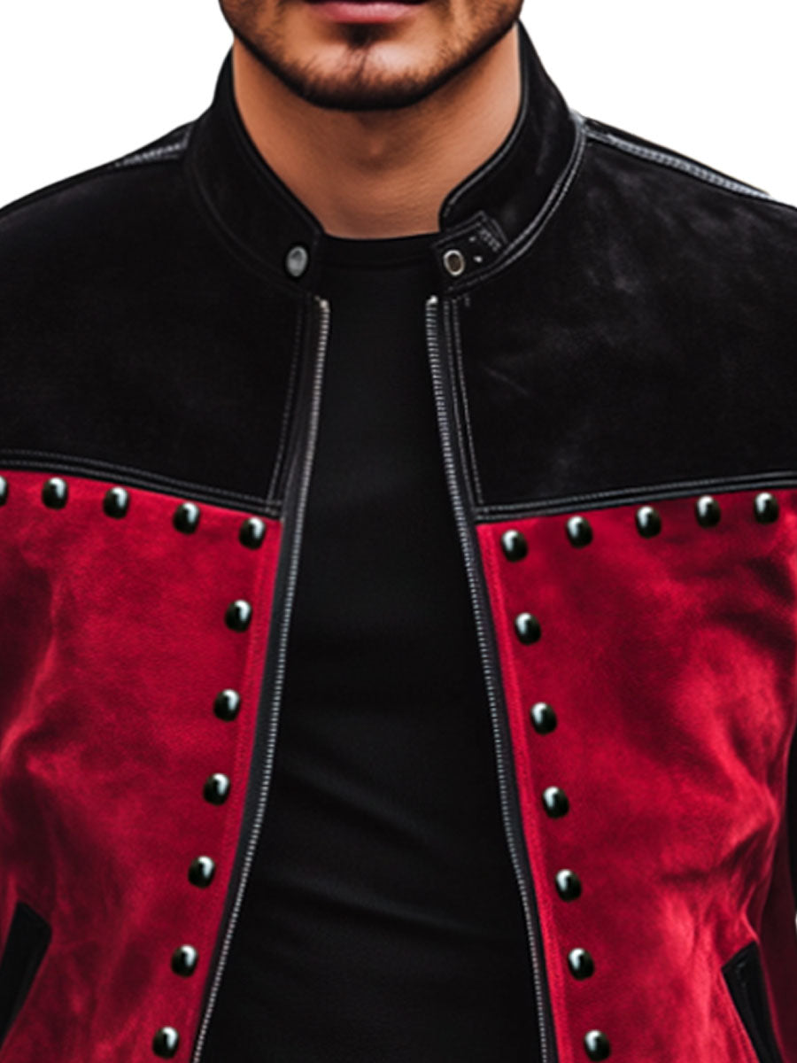 Men's Retro Suede Jacket with Contrast Stitching, Stand Collar & Rivet Detail – Ships in 24 Hours