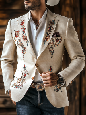 Vintage Western Embroidered Blazer – Cotton & Linen Blend – Fast 24-Hour Shipping