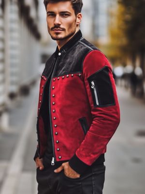 Men's Retro Suede Jacket with Contrast Stitching, Stand Collar & Rivet Detail – Ships in 24 Hours
