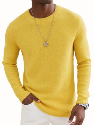 Yellow Long Sleeve Round Neck Sweater for Women – Minimalist Fashion Knit Pullover