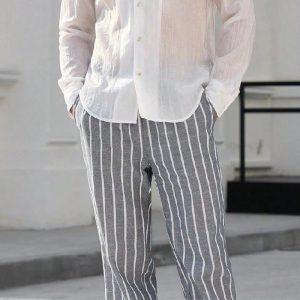 Men's Cotton-Linen Blend Striped Beach Pants with Elastic Waist - Fast 24-Hour Shipping