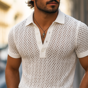 Men's Short Sleeve Plaid Polo Shirt with Hollow-Out Design - Solid Color Knit Lapel Tee (MTA1865F2Z) - Ships in 24 Hours