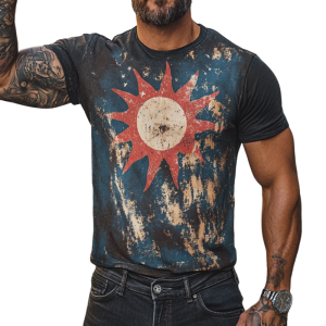 Men's Retro Sun Print T-Shirt - Casual Short Sleeve Round Neck Tee with 24-Hour Shipping (MTA1513D0TO)
