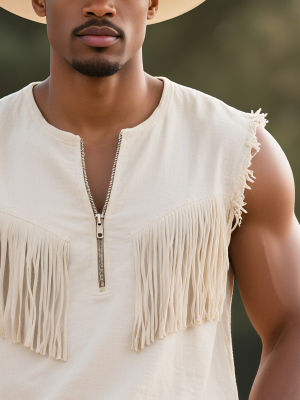 Vintage Western-Style Half-Zip Tassel Tank Top – Fast 24-Hour Shipping