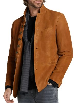 Men's Vintage Suede Blazer with Stand Collar & Functional Pockets – Fast 24-Hour Shipping