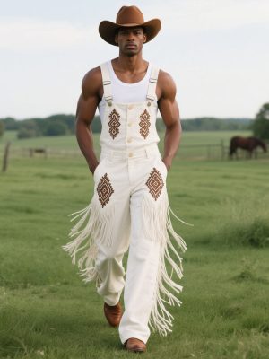 Men's Western Style Embroidered Cotton Overalls with Decorative Tassels
